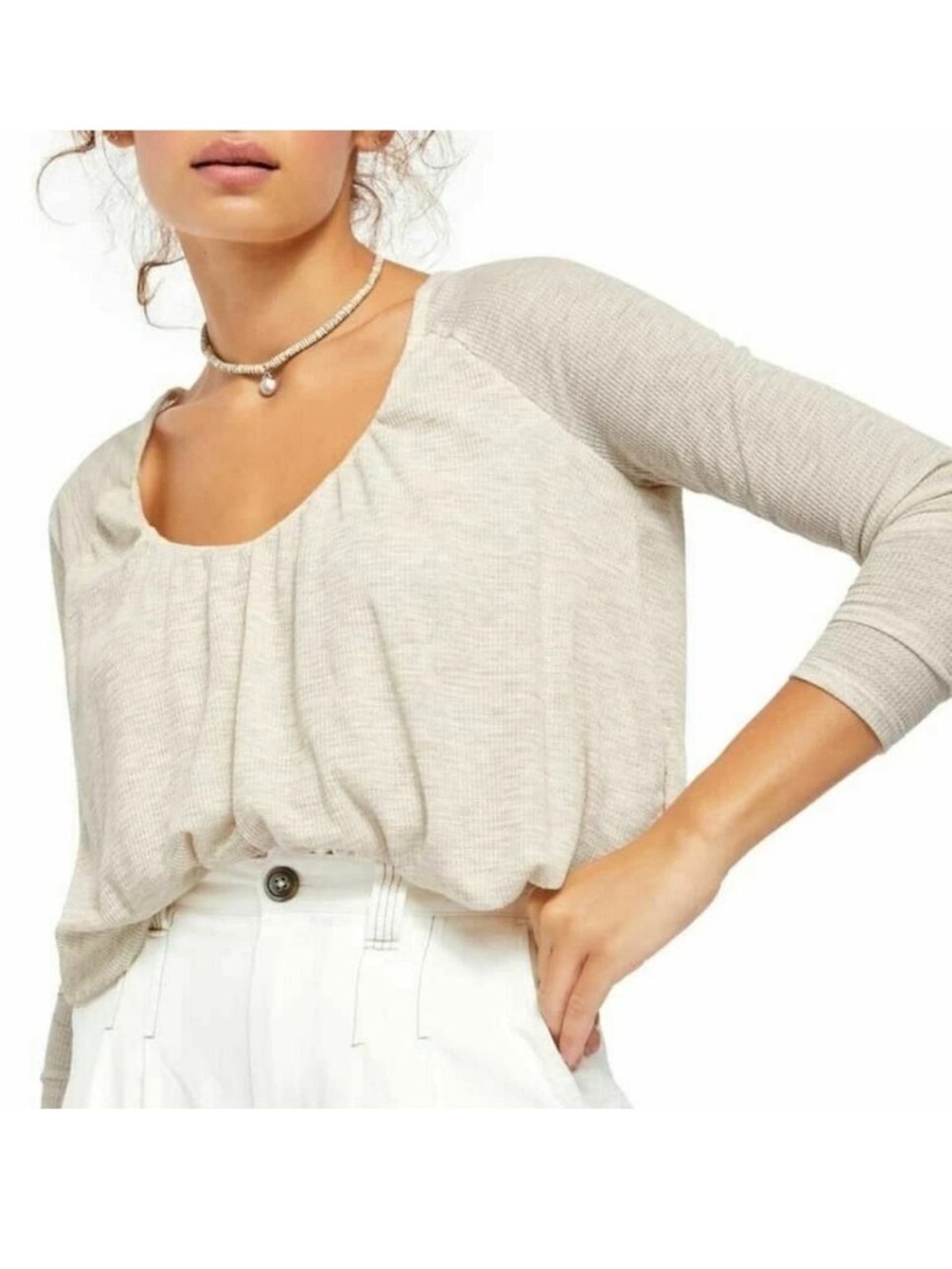 Free People We The Free Bondi Thermal Top in Oatmeal Heather Bubble Hem XS